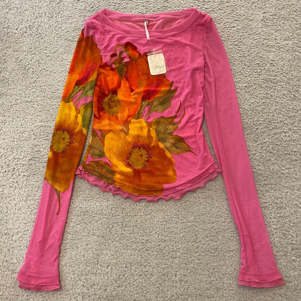NWT Free People Tulip Combo Mesh Top Women XS Pink Floral Ruffle Lettuce Trim